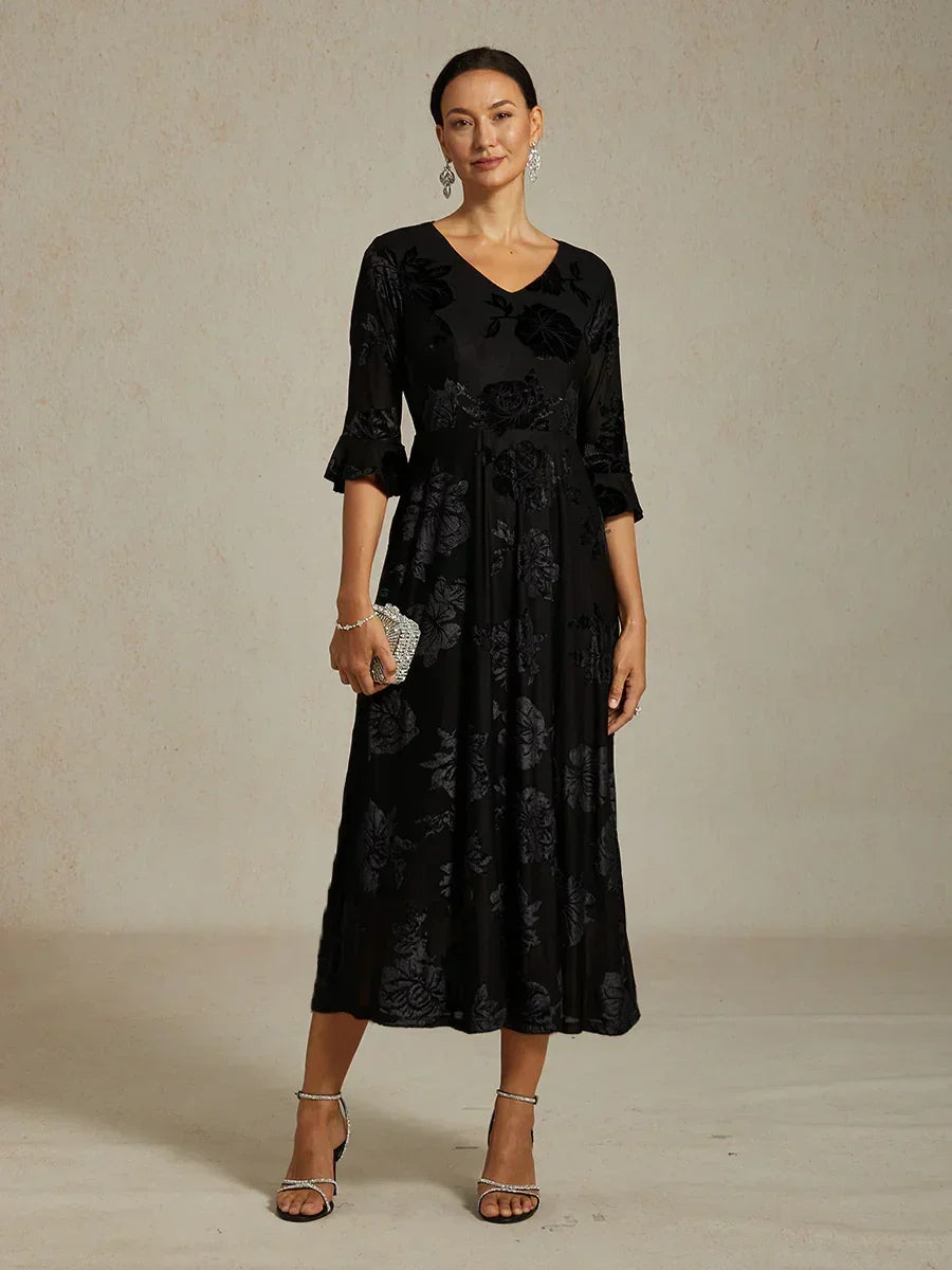 Floral Velvet A-Line Dress with Flutter Sleeves