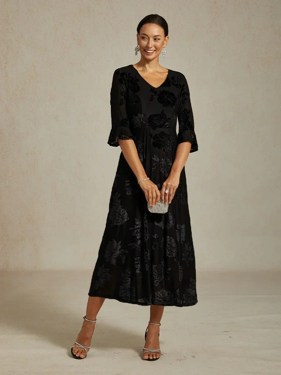 Floral Velvet A-Line Dress with Flutter Sleeves