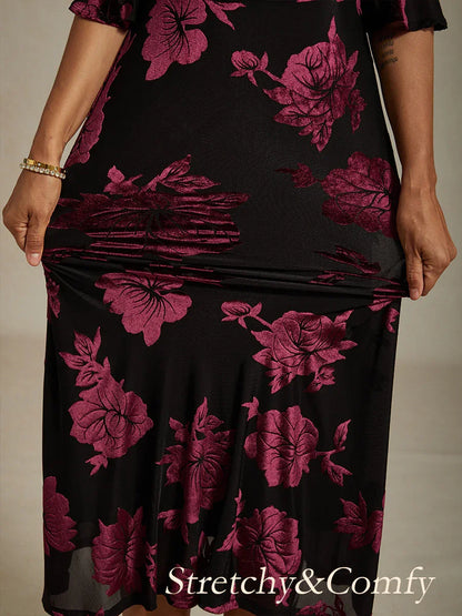 Floral Velvet A-Line Dress with Flutter Sleeves