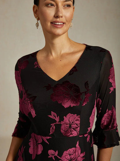 Floral Velvet A-Line Dress with Flutter Sleeves