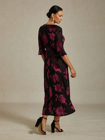Floral Velvet A-Line Dress with Flutter Sleeves