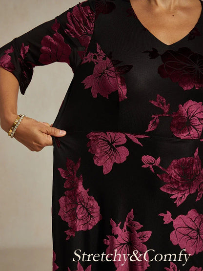 Floral Velvet A-Line Dress with Flutter Sleeves