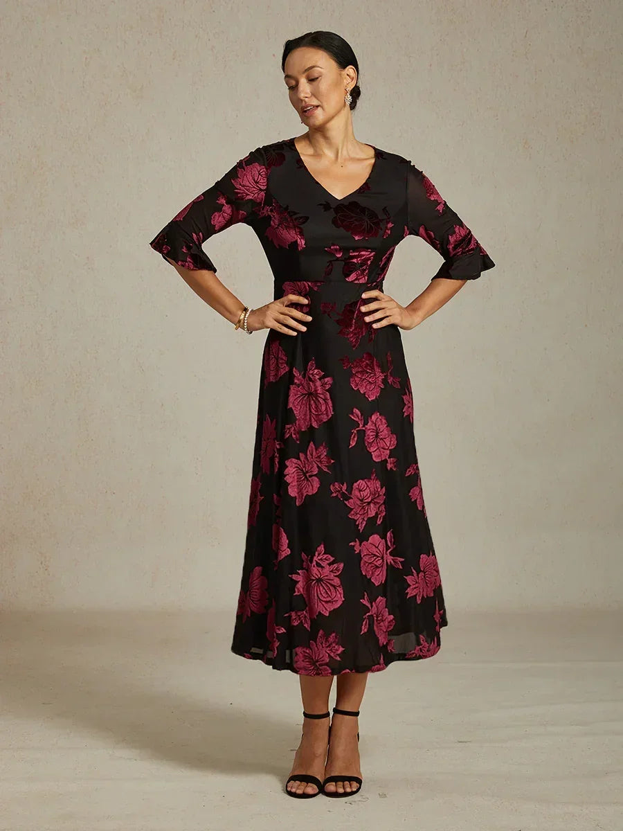 Floral Velvet A-Line Dress with Flutter Sleeves