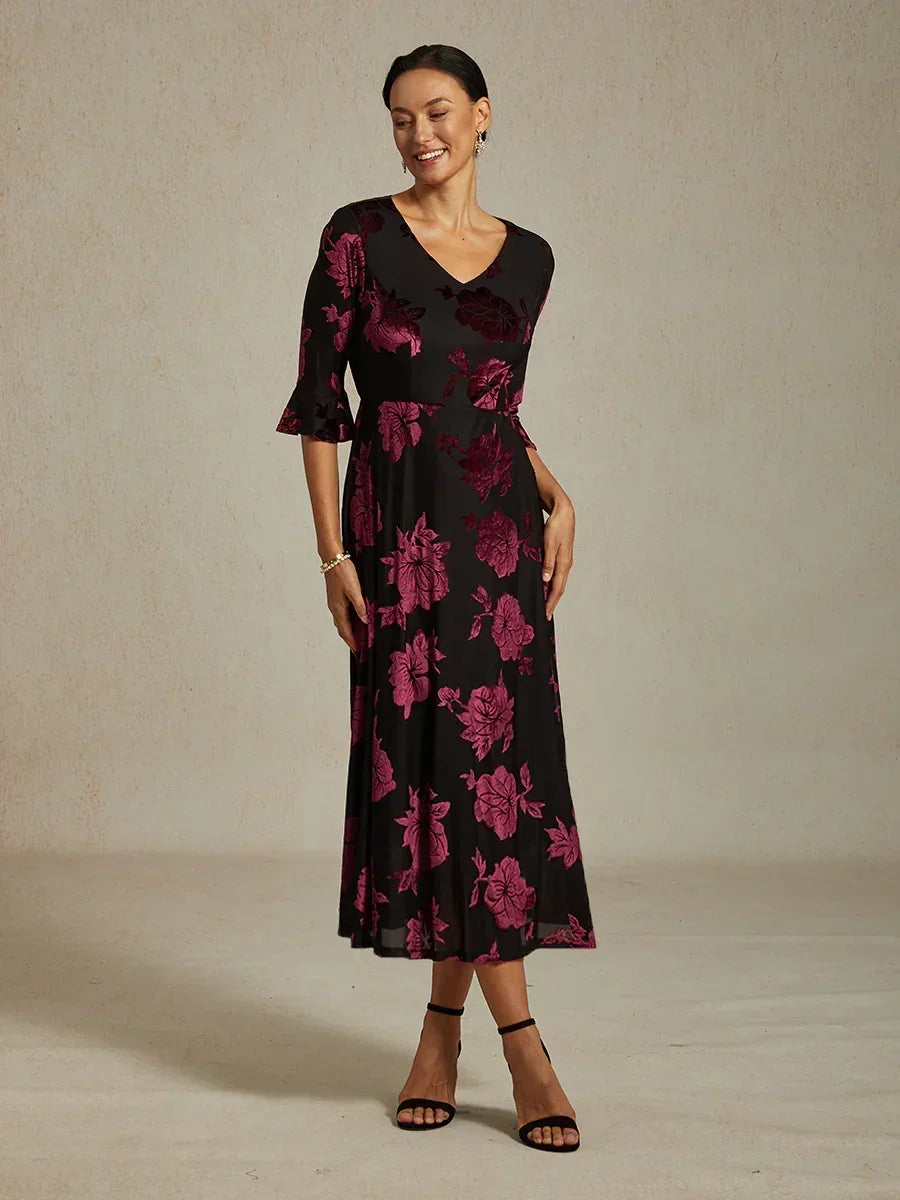 Floral Velvet A-Line Dress with Flutter Sleeves
