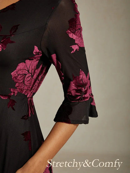 Floral Velvet A-Line Dress with Flutter Sleeves