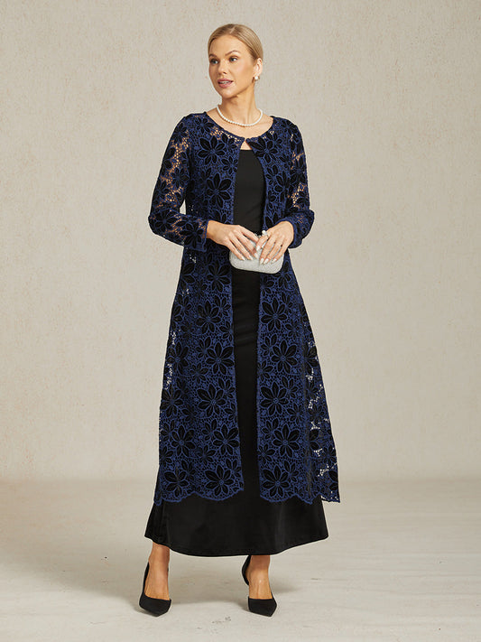 Floral Embroidered Velvet Long Jacket with Scallop Detail