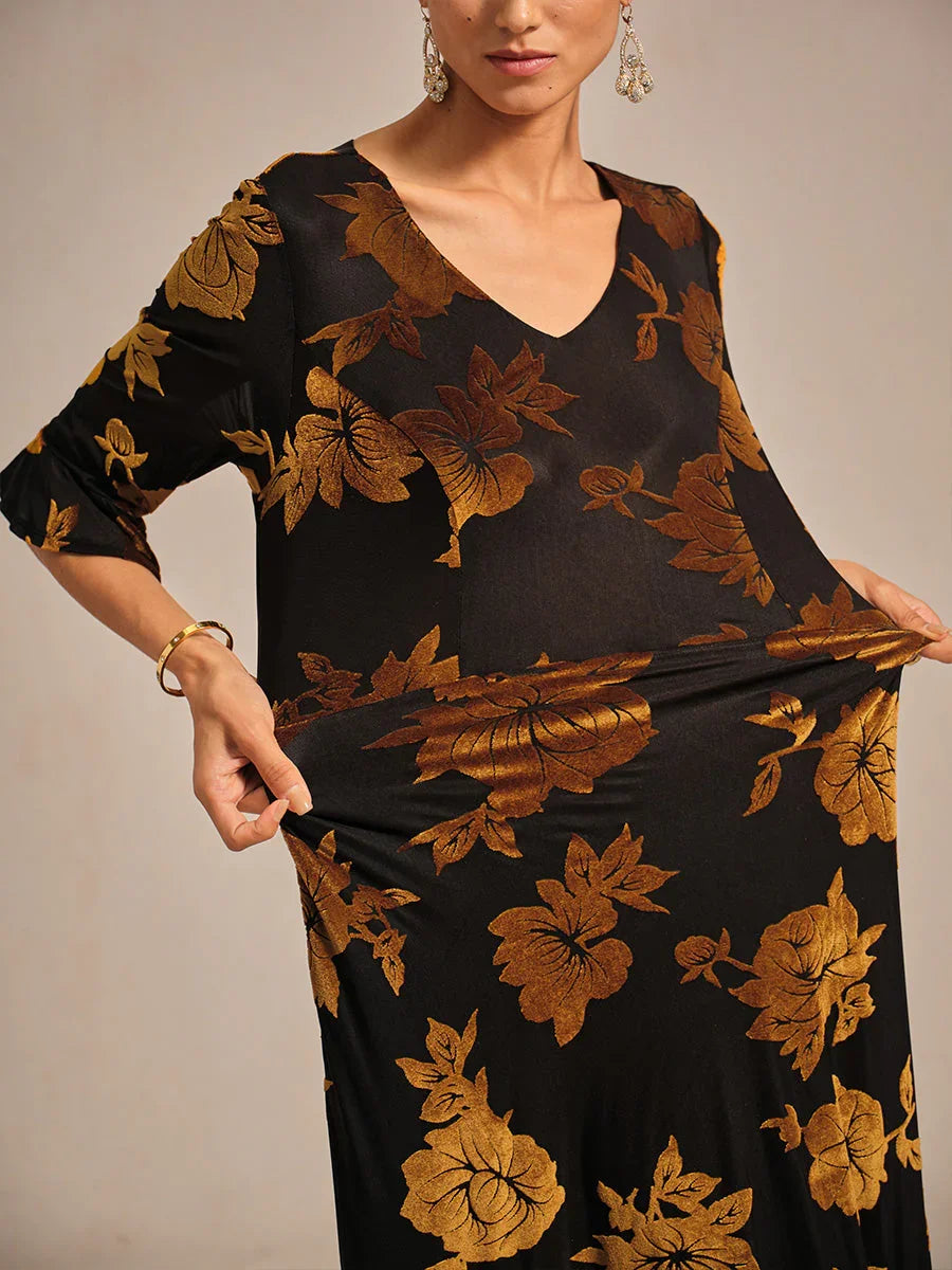 Floral Velvet A-Line Dress with Flutter Sleeves