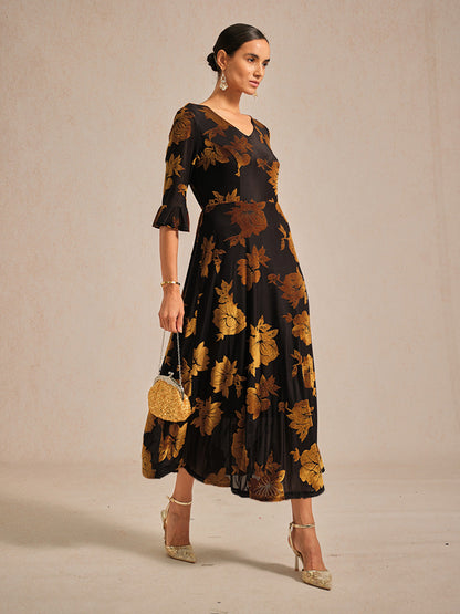 Floral Velvet A-Line Dress with Flutter Sleeves