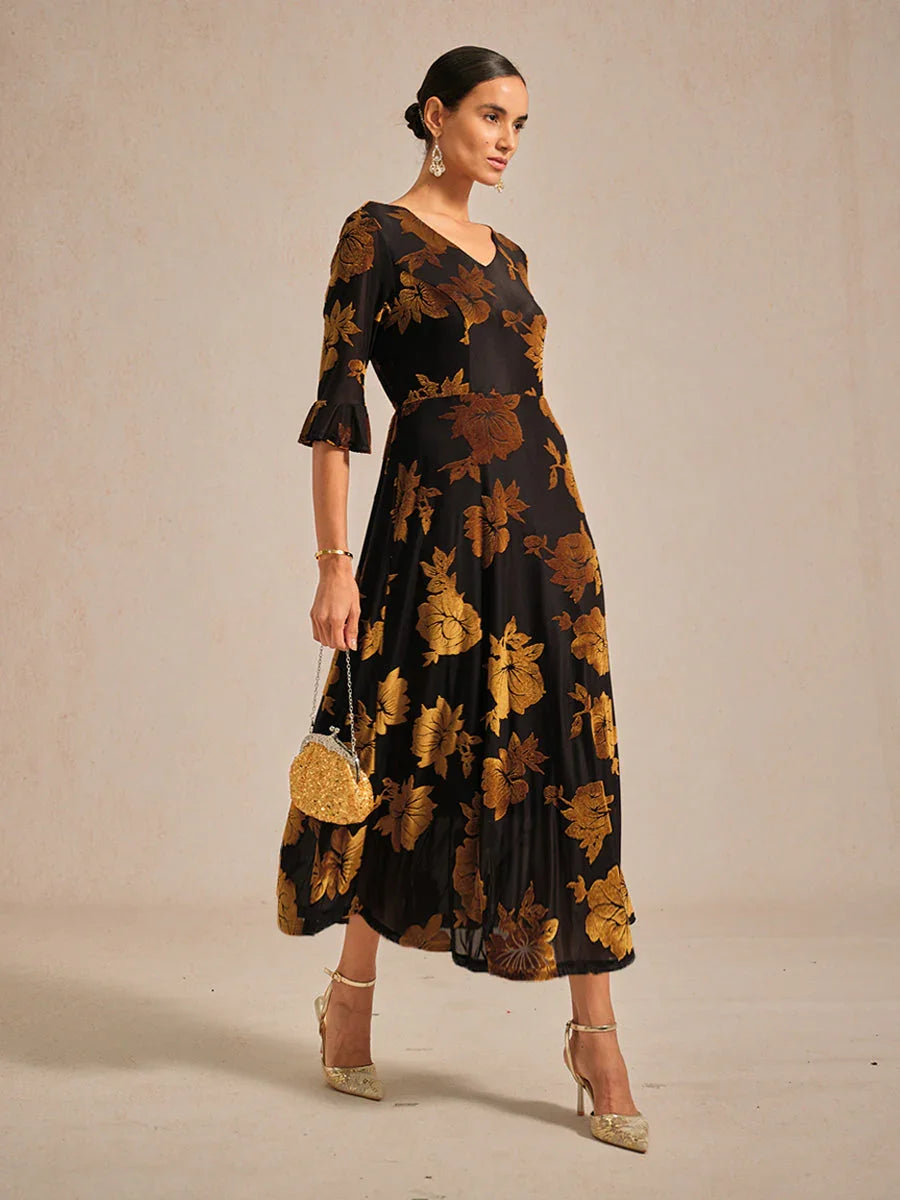 Floral Velvet A-Line Dress with Flutter Sleeves
