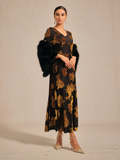 Floral Velvet A-Line Dress with Flutter Sleeves