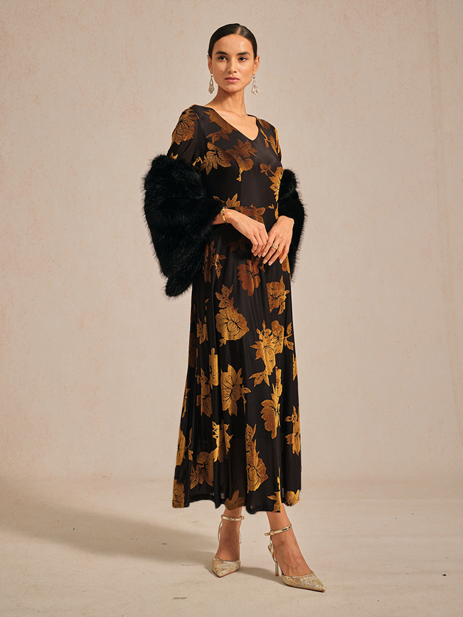 Floral Velvet A-Line Dress with Flutter Sleeves