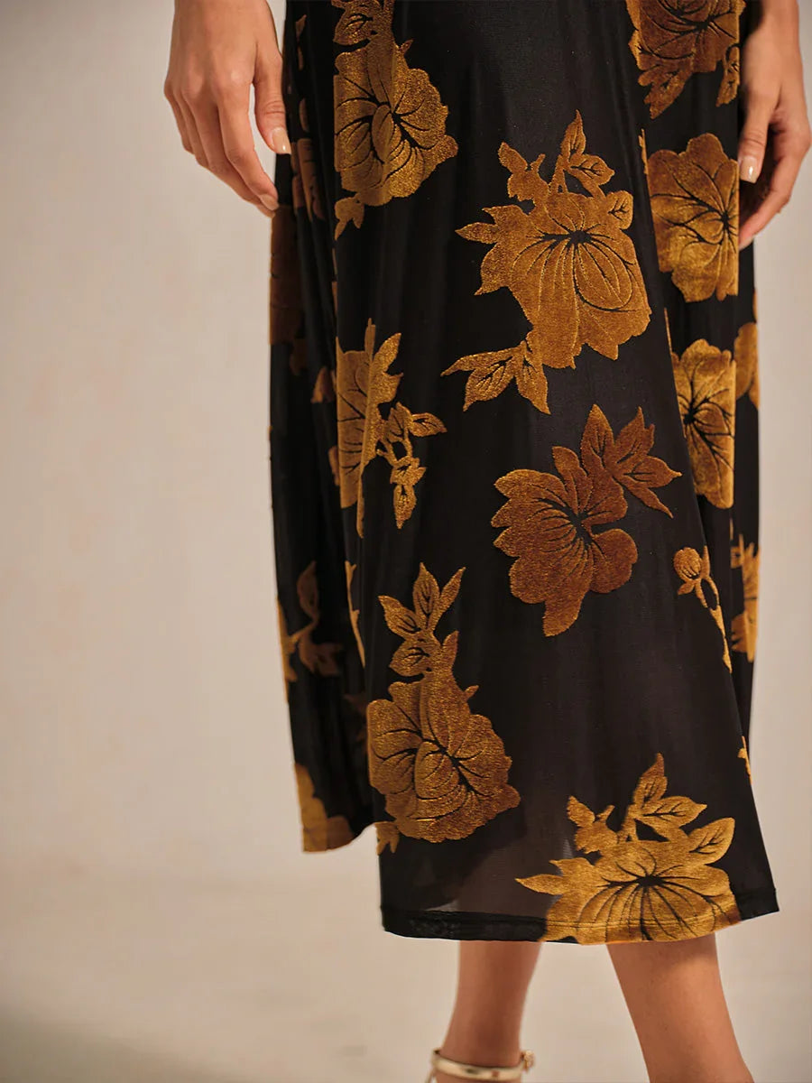 Floral Velvet A-Line Dress with Flutter Sleeves