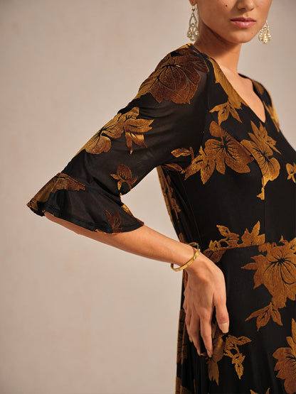 Floral Velvet A-Line Dress with Flutter Sleeves