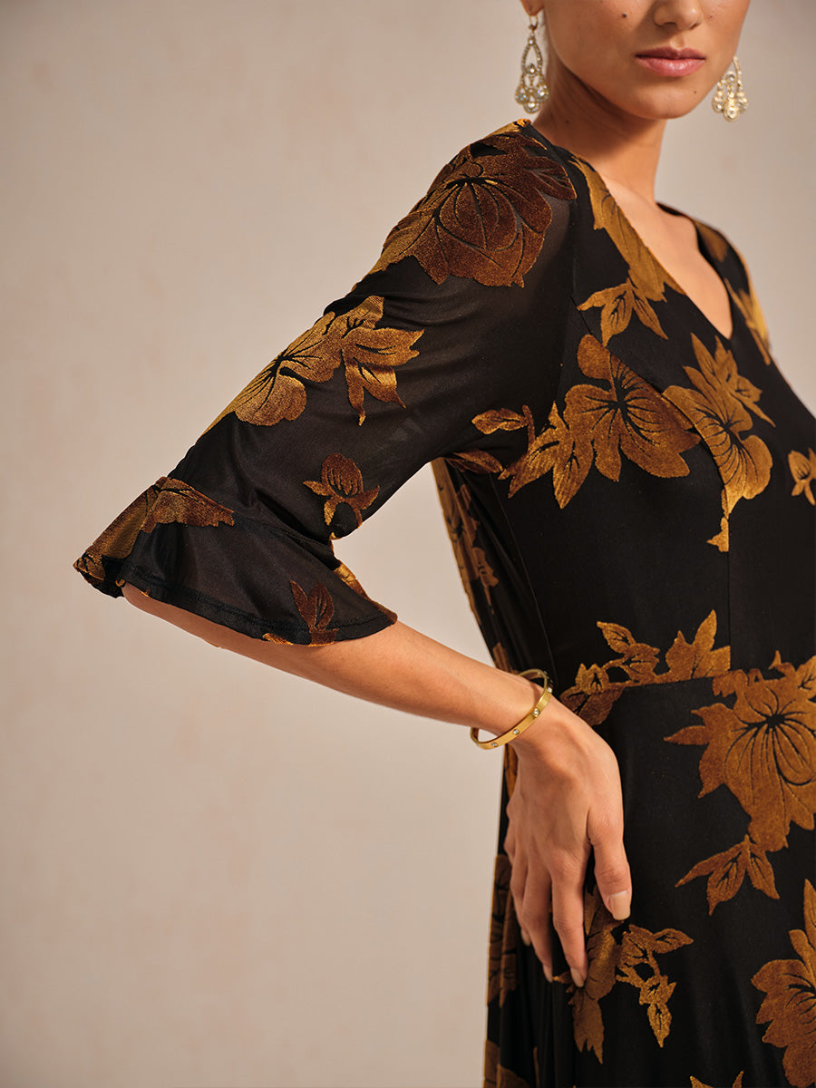 Floral Velvet A-Line Dress with Flutter Sleeves