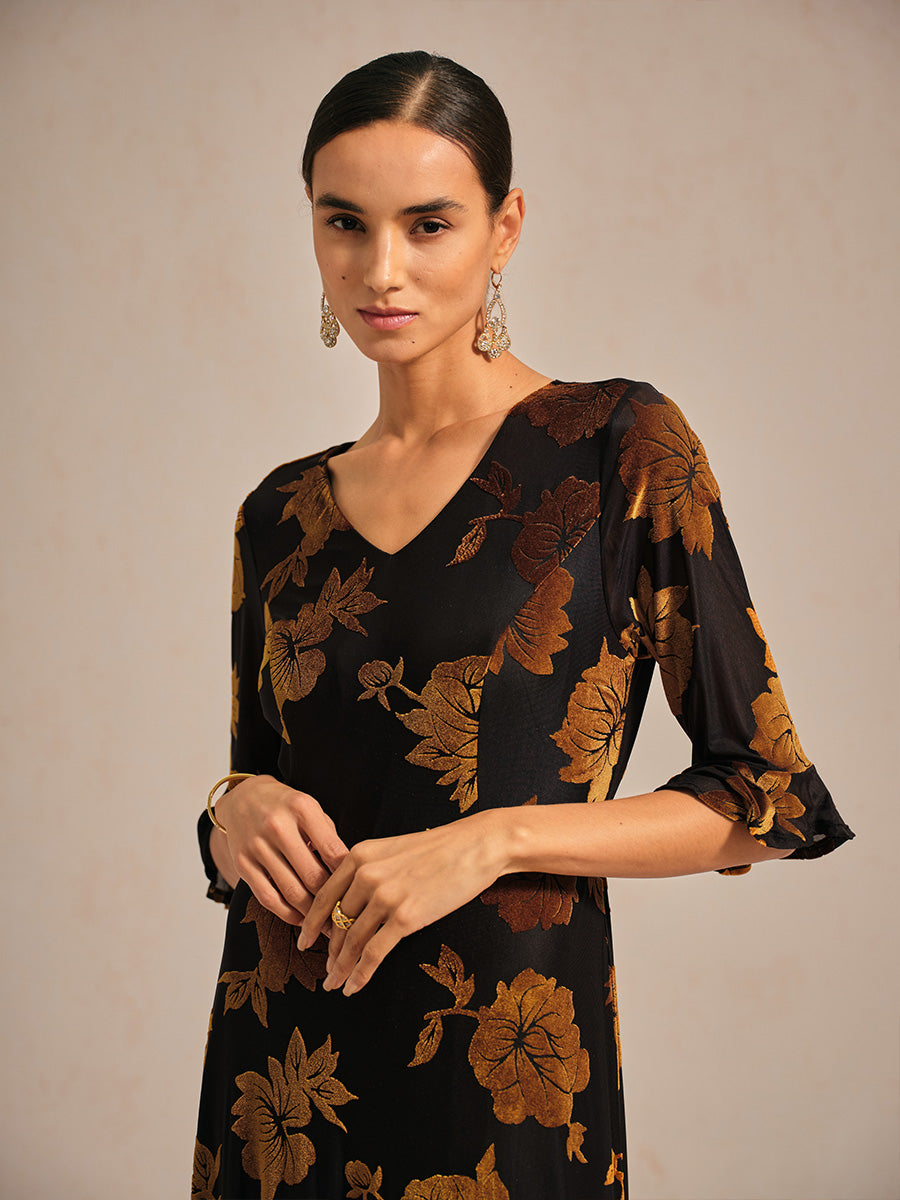 Floral Velvet A-Line Dress with Flutter Sleeves