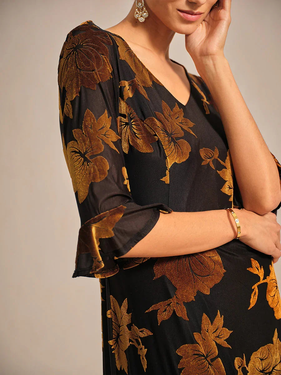 Floral Velvet A-Line Dress with Flutter Sleeves