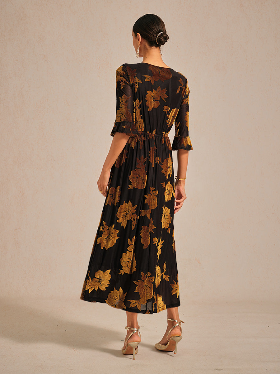 Floral Velvet A-Line Dress with Flutter Sleeves