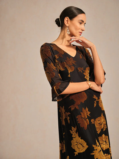 Floral Velvet A-Line Dress with Flutter Sleeves