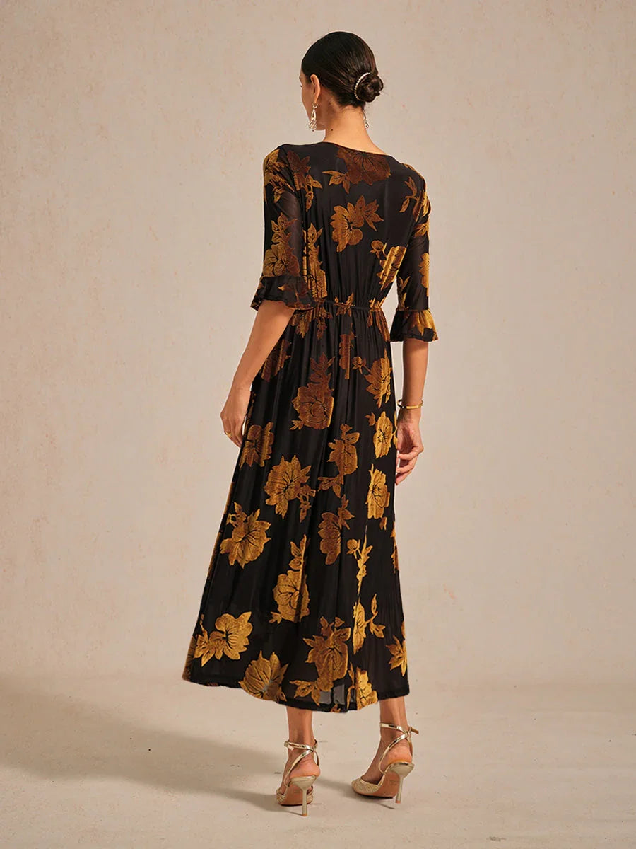 Floral Velvet A-Line Dress with Flutter Sleeves