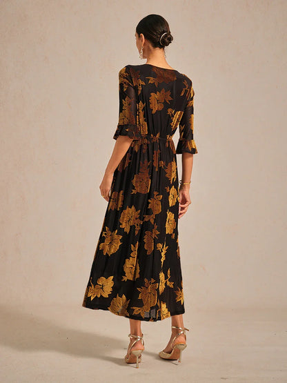 Floral Velvet A-Line Dress with Flutter Sleeves