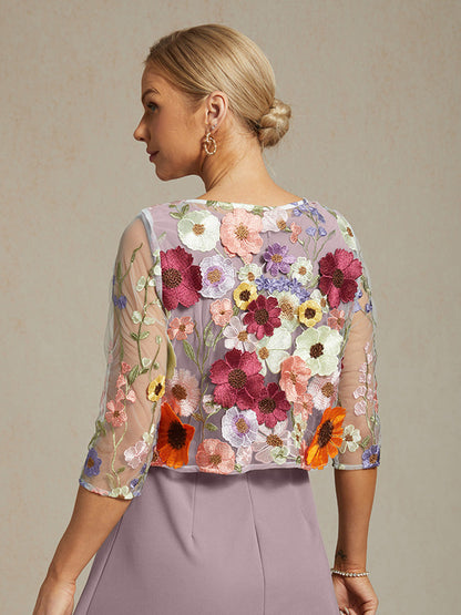 Graceful Mesh Lace Jacket with 3D Floral Embroidery