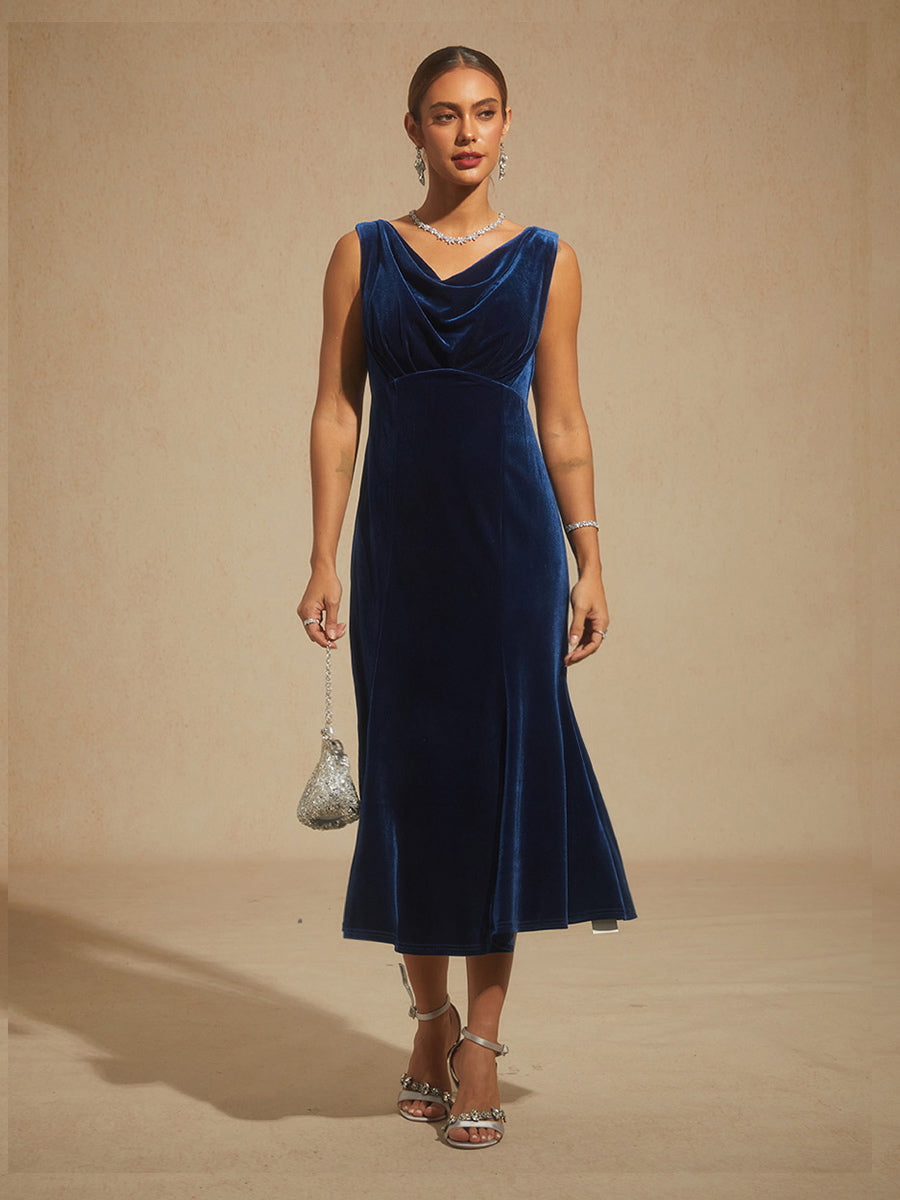 High-Stretch Velvet Sleeveless Midi Dress with Cowl Neck