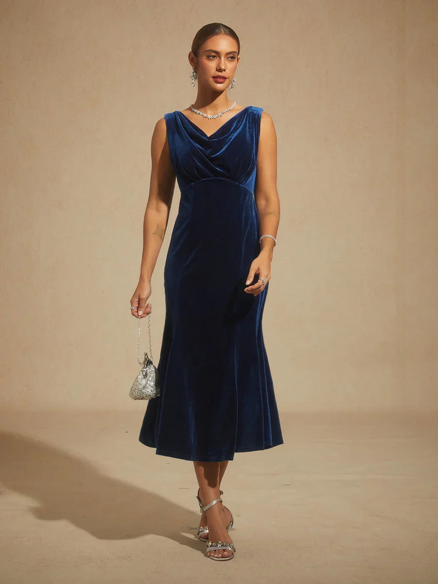 High-Stretch Velvet Sleeveless Midi Dress with Cowl Neck