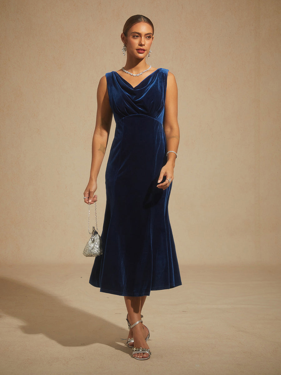 High-Stretch Velvet Sleeveless Midi Dress with Cowl Neck