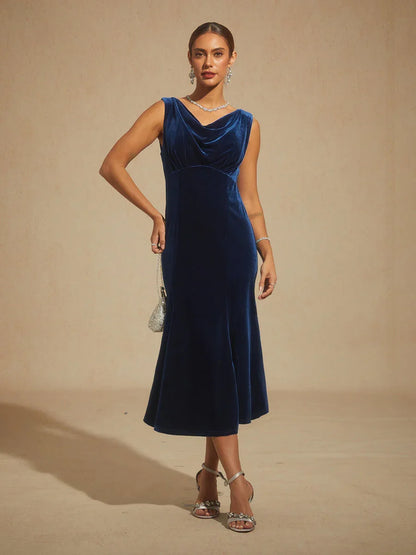 High-Stretch Velvet Sleeveless Midi Dress with Scoop Neck
