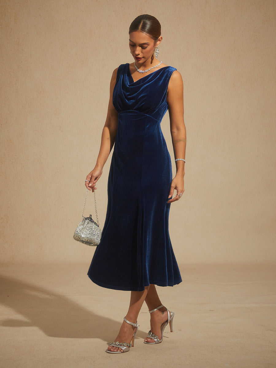 High-Stretch Velvet Sleeveless Midi Dress with Cowl Neck