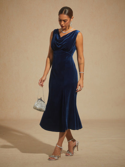 High-Stretch Velvet Sleeveless Midi Dress with Cowl Neck