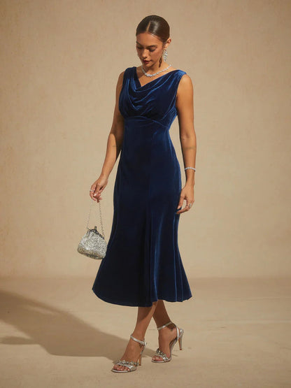 High-Stretch Velvet Sleeveless Midi Dress with Cowl Neck