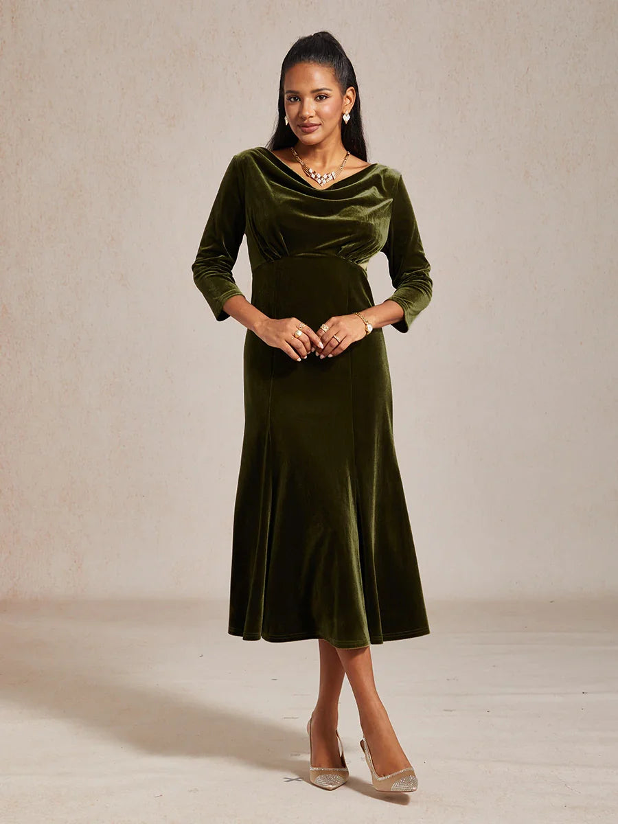 High-Stretch Velvet Sleeveless Midi Dress with Cowl Neck