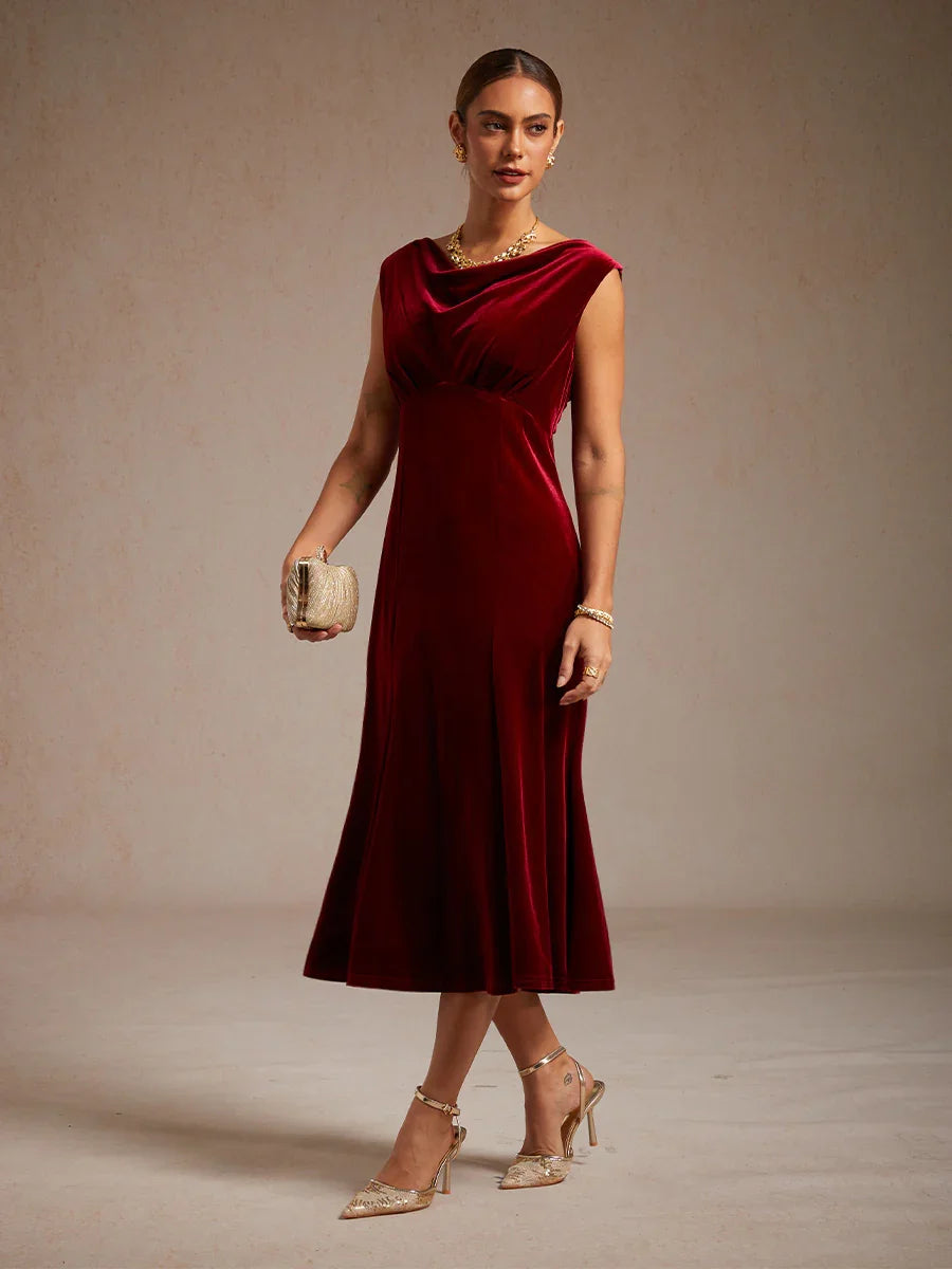 High-Stretch Velvet Sleeveless Midi Dress with Cowl Neck