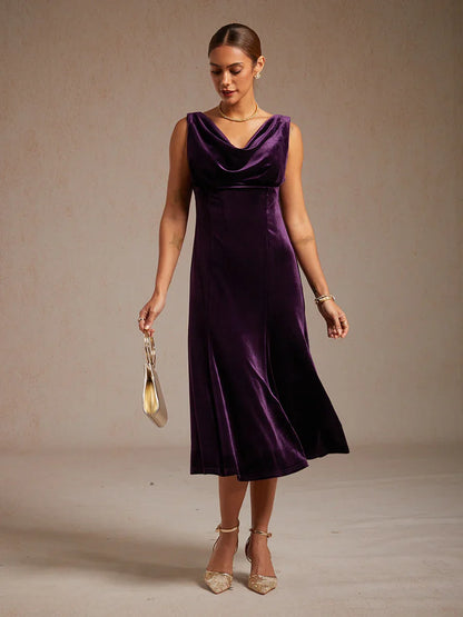 High-Stretch Velvet Sleeveless Midi Dress with Scoop Neck