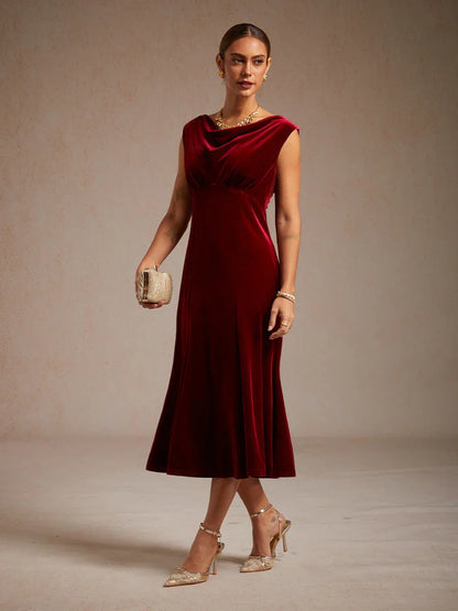 High-Stretch Velvet Sleeveless Midi Dress with Scoop Neck
