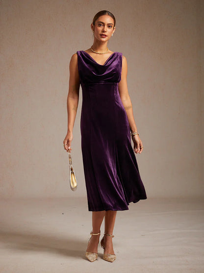 High-Stretch Velvet Sleeveless Midi Dress with Scoop Neck