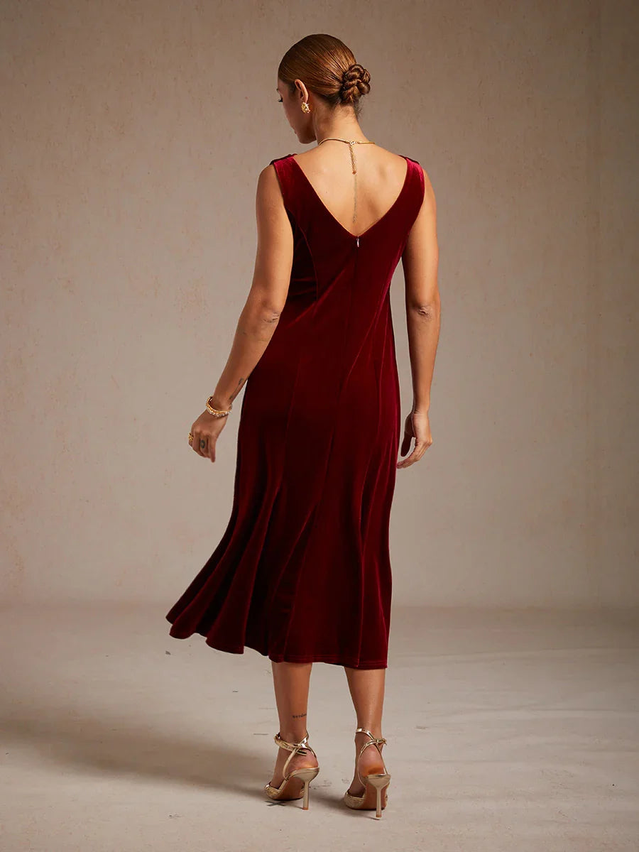 High-Stretch Velvet Sleeveless Midi Dress with Cowl Neck