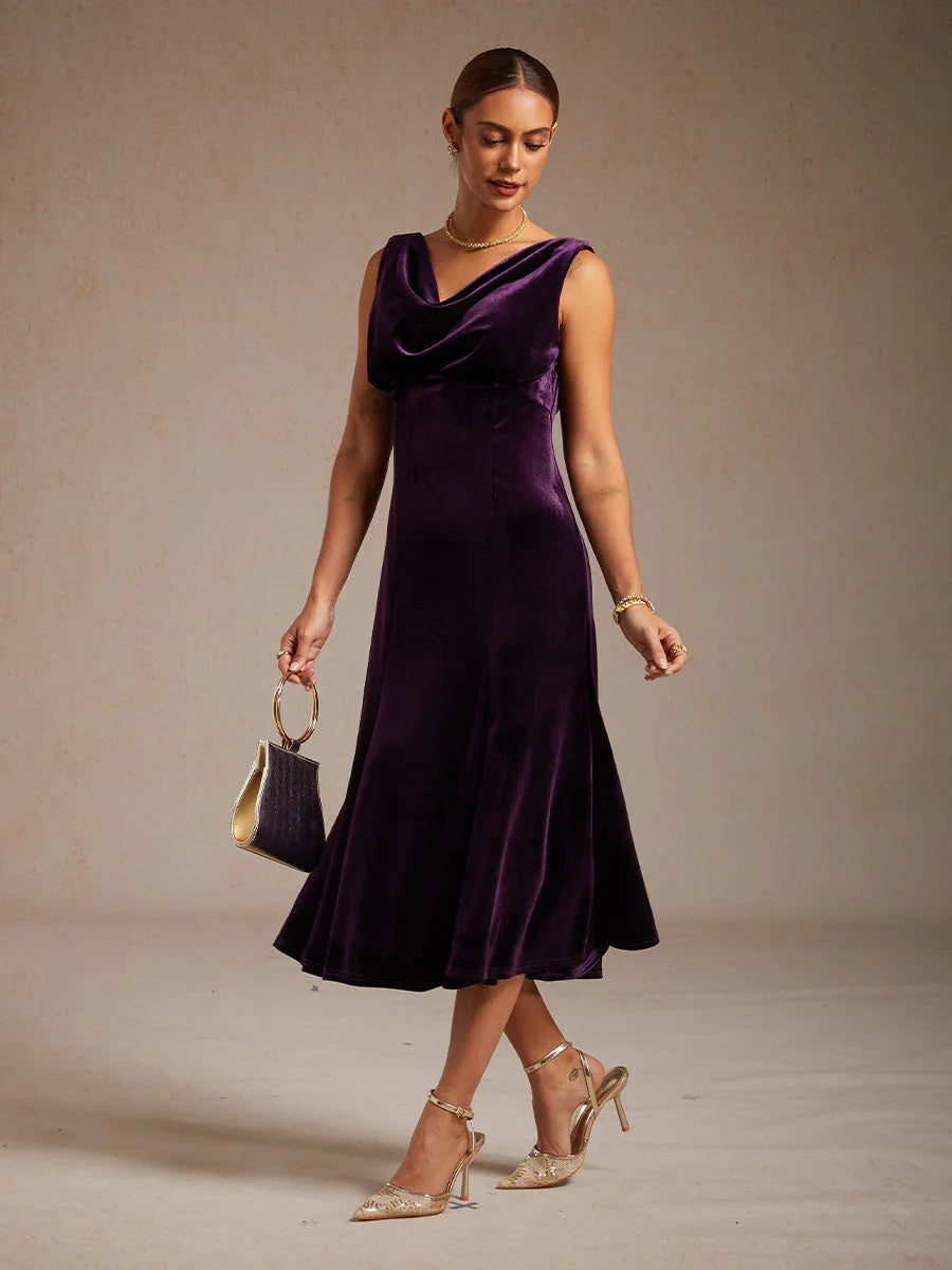 High-Stretch Velvet Sleeveless Midi Dress with Scoop Neck