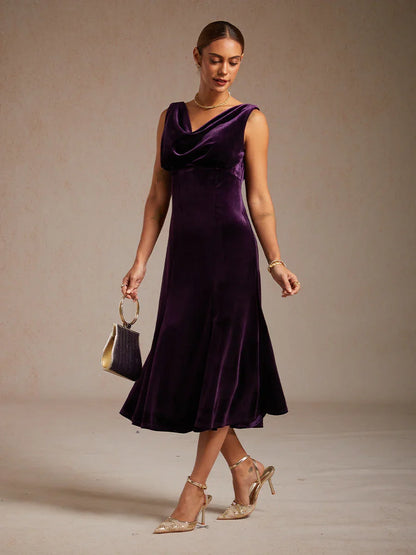 High-Stretch Velvet Sleeveless Midi Dress with Scoop Neck