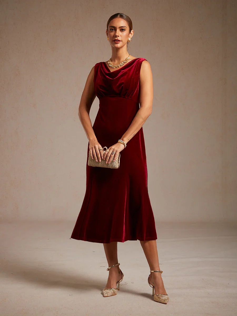 High-Stretch Velvet Sleeveless Midi Dress with Cowl Neck