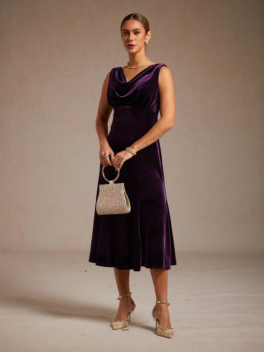 High-Stretch Velvet Sleeveless Midi Dress with Scoop Neck