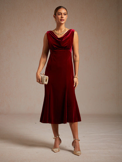High-Stretch Velvet Sleeveless Midi Dress with Cowl Neck