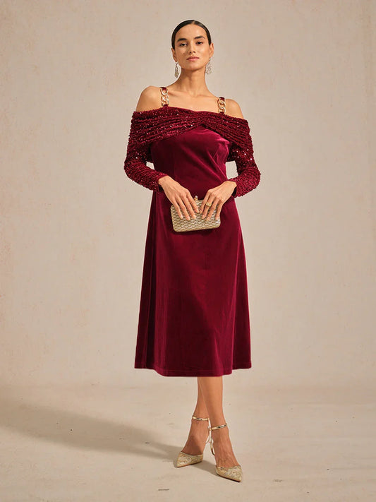 Off-Shoulder Velvet Midi Dress with Metal Ring Strap
