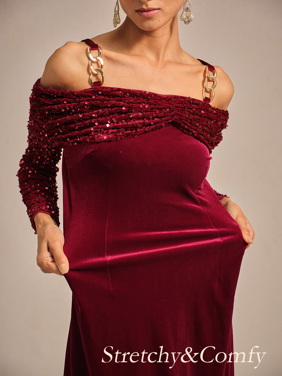 Off-Shoulder Velvet Midi Dress with Metal Ring Strap
