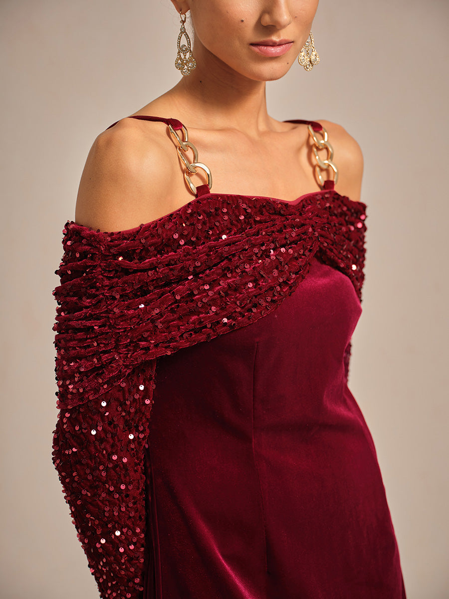 Off-Shoulder Velvet Midi Dress with Metal Ring Strap