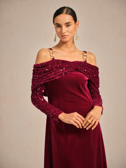 Off-Shoulder Velvet Midi Dress with Metal Ring Strap