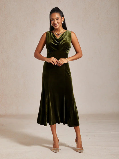 High-Stretch Velvet Sleeveless Midi Dress with Cowl Neck