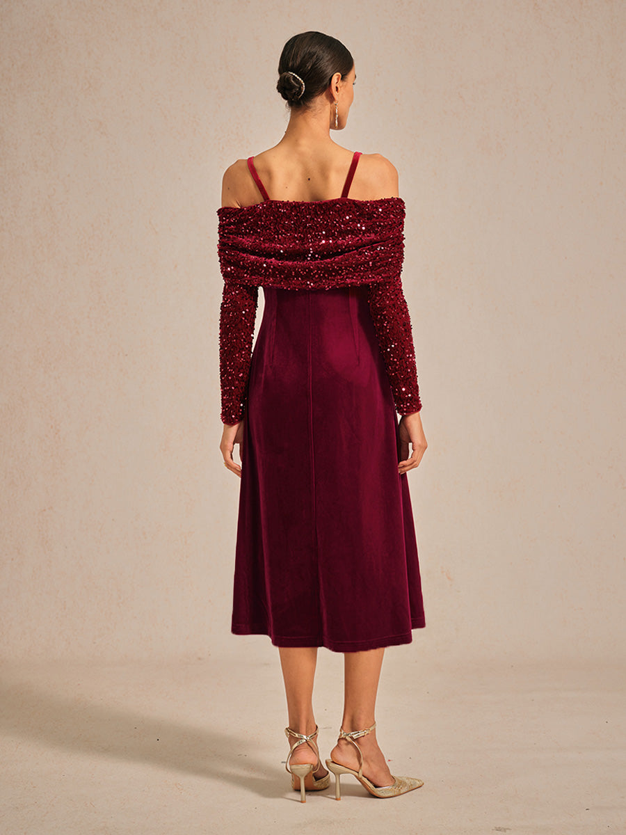 Off-Shoulder Velvet Midi Dress with Metal Ring Strap