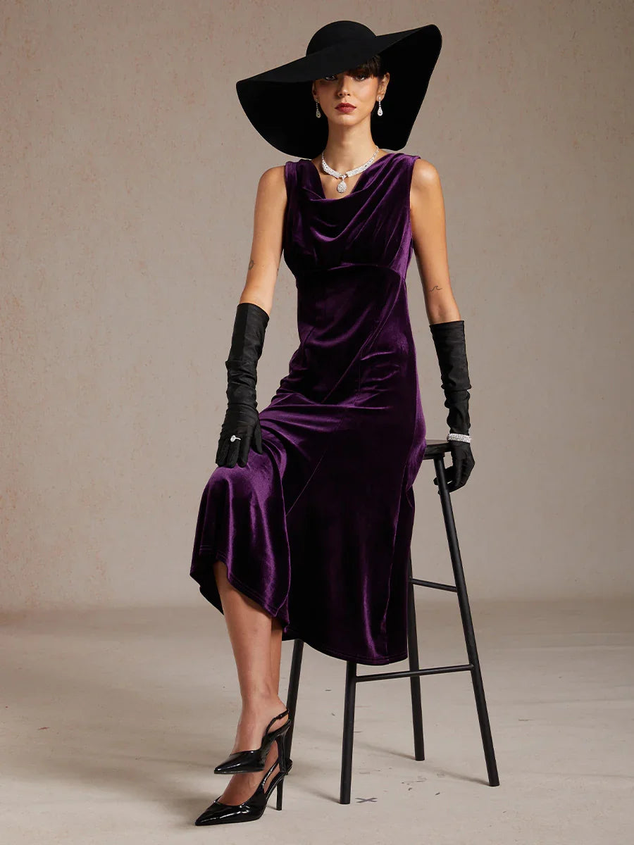 High-Stretch Velvet Sleeveless Midi Dress with Cowl Neck
